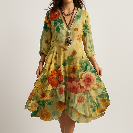 Damska - Sukienka Boho w Kwiaty - Mieszanki bawełny - Lekka, Swobodna Stylizacja - Idealna na Lato