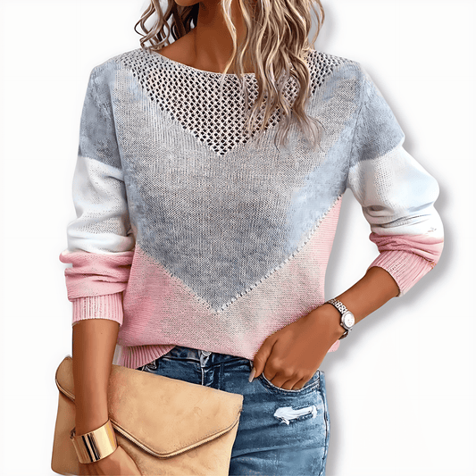 Damska - Sweter - Dekolt w łódkę - Kolorowe wzory - Elegancki styl na każdą okazję