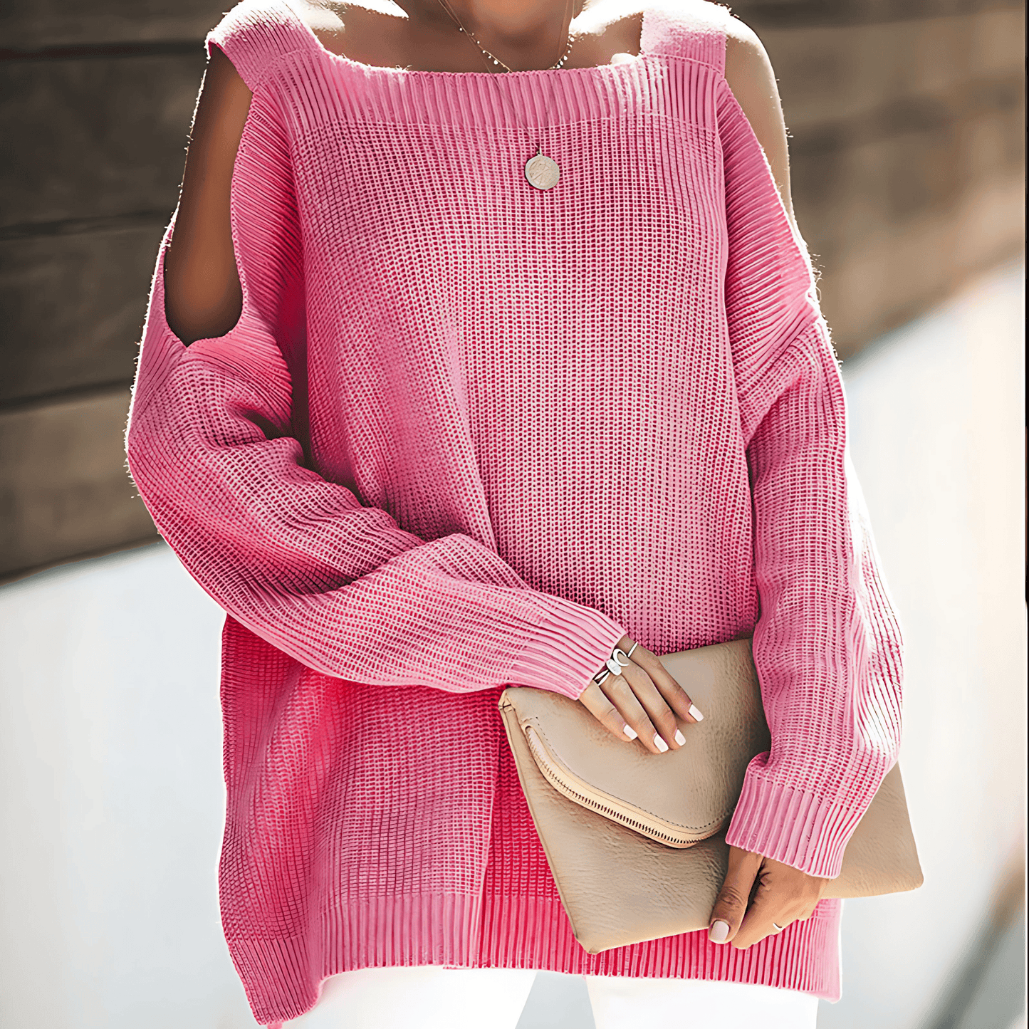 Damska - Sweter - Dzianina - Asymetryczny dekolt - Modny sweter na każdą okazję