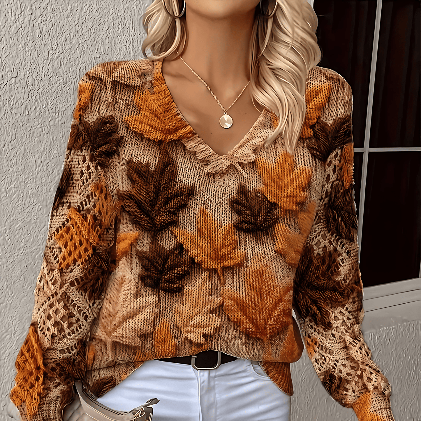 Damska - Sweter - Kwiatowym wzorem - Stylowa dzianina - Modna odzież wierzchnia