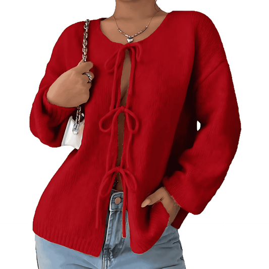 Damska - Sweter oversizowy - Dzianina z sznurowaniem - Modny i wygodny sweter na każdą okazję