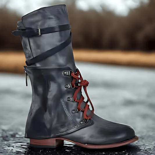 Damska - Sznurowane buty do połowy łydki - Pasek z klamrą - Elegancki styl na każdą okazję