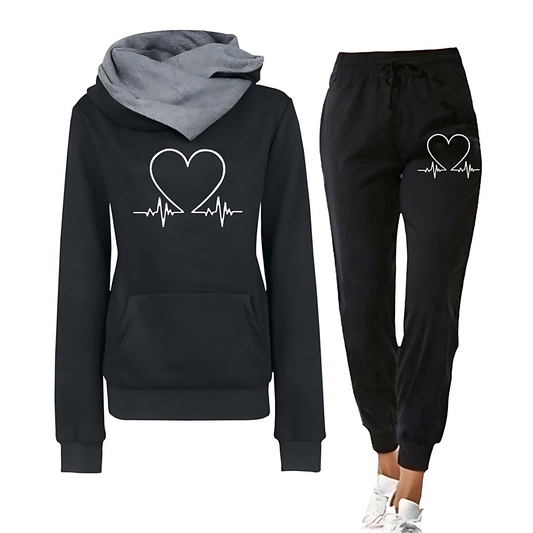 Damska - Zestaw bielizny dziennej - Bluza z kapturem i joggery z nadrukiem - Komfortowy styl Heartbeat