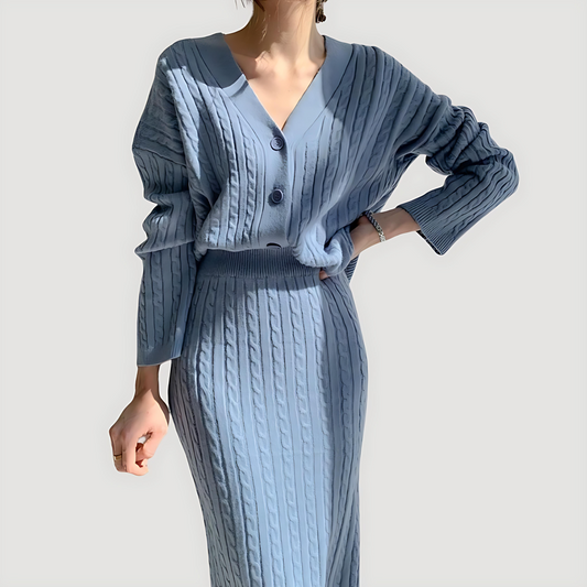 Damska - Zestaw dzianinowy - Spódnica midi i kardigan - Stylowy i komfortowy - Moda damska