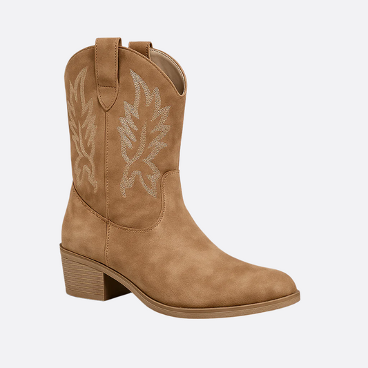 Damska - Buty kowbojki - Skóra - Zaokrąglony nosek - Styl Western z haftem