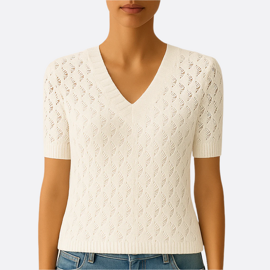 Damska - Koronkowy sweter - Miękki materiał - Krótkim rękawem V-Neck - Elegancki top na każdą okazję