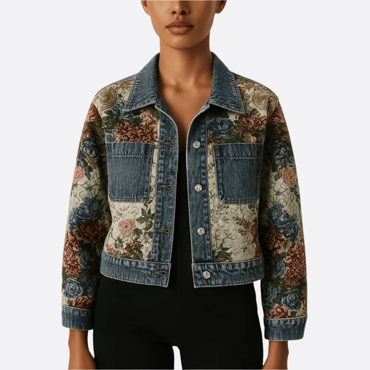 Damska - Kurtka Dżinsowa - Organicznej bawełny - Ręcznie malowany styl organiczny - Vintage kwiatowy design