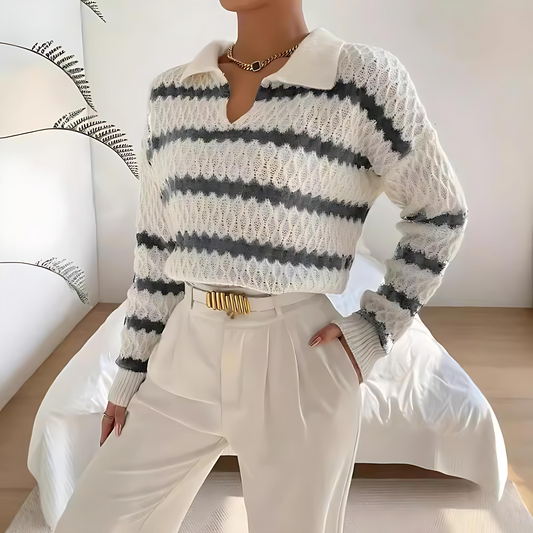 Damska - Sweter - Dzianina, polo w paski, stylowy i wygodny - Idealny na każdą okazję