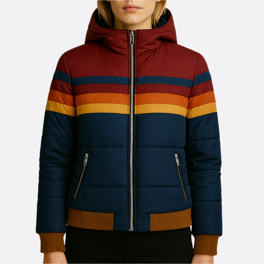 Damska kurtka puchowa - wodoodporna kurtka z kapturem w stylu colorblock - idealna na zimowe dni