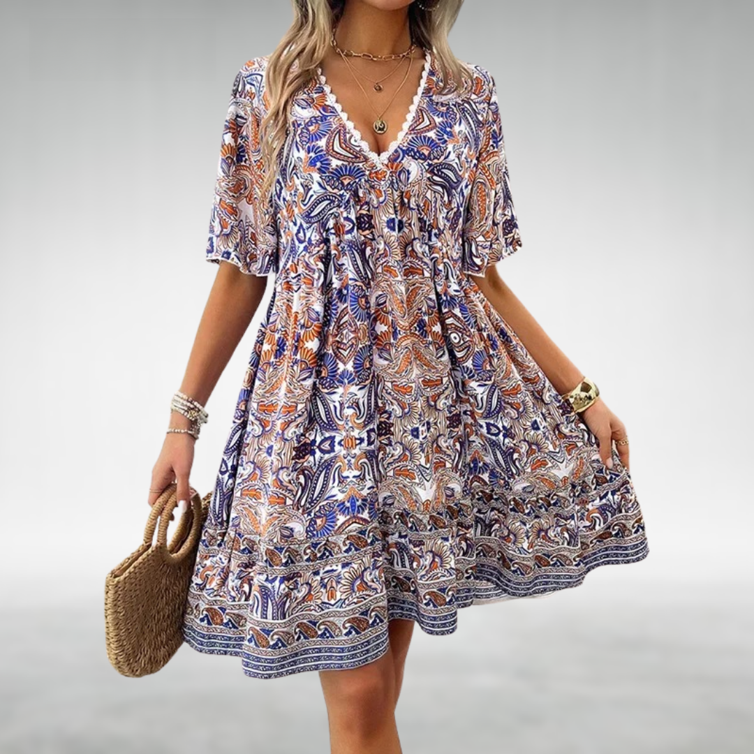 Damska - Boho Swing Dress - Lekki materia - Lekka i lejąca - Idealna na lato - Stylowa sukienka na ciepłe dni