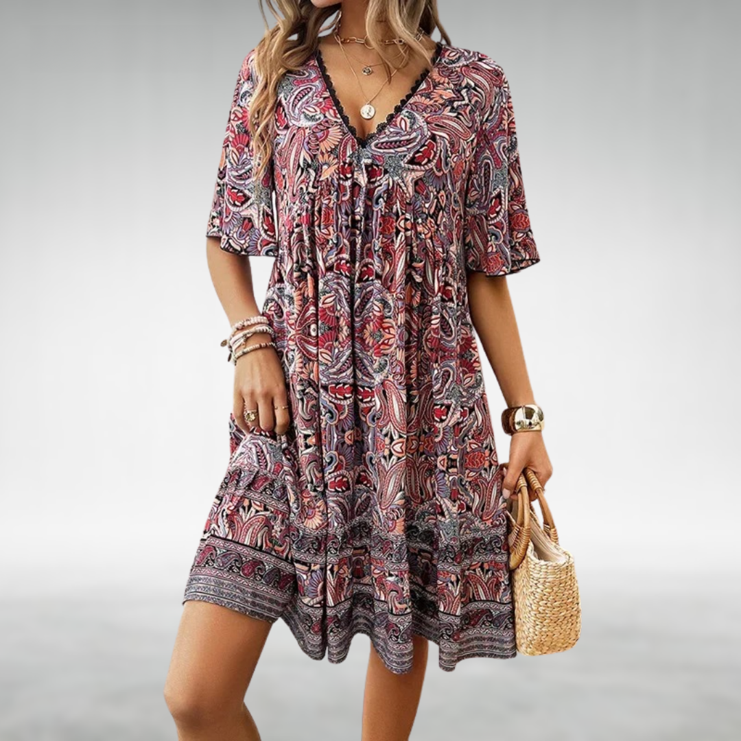 Damska - Boho Swing Dress - Lekki materia - Lekka i lejąca - Idealna na lato - Stylowa sukienka na ciepłe dni