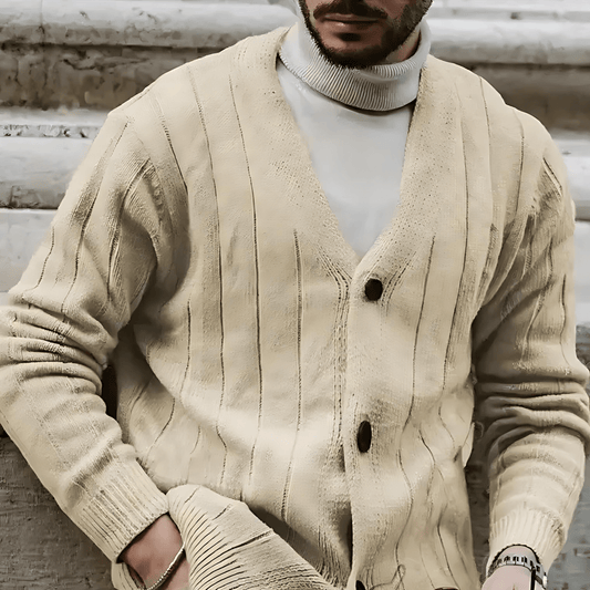 Męska - Kardigan - Prążkowanym dekoltem - Szpic i zapięciem na guziki - Idealny do nakładania warstw