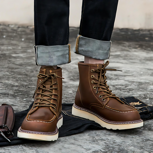 Męska - Skórzane buty za kostkę - Sznurowane - stylowe i wygodne obuwie na każdą okazję