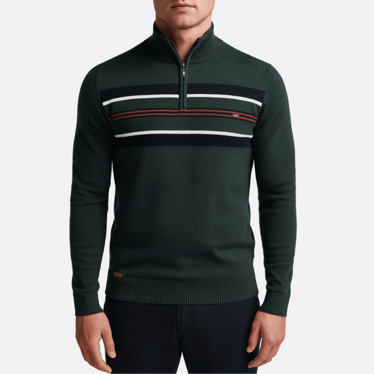 Męska - Sweter w paski - Połową zamka błyskawicznego - Kontrastowy wzór - Modny styl na każdą okazję