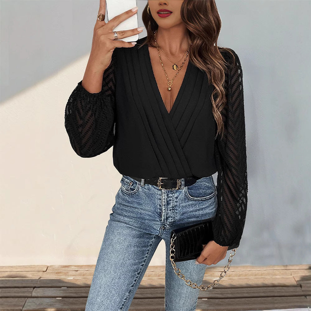 Damska - Eleganckie body z głębokim dekoltem - Szpic i obszernymi rękawami - Idealne na wyjątkowe okazje