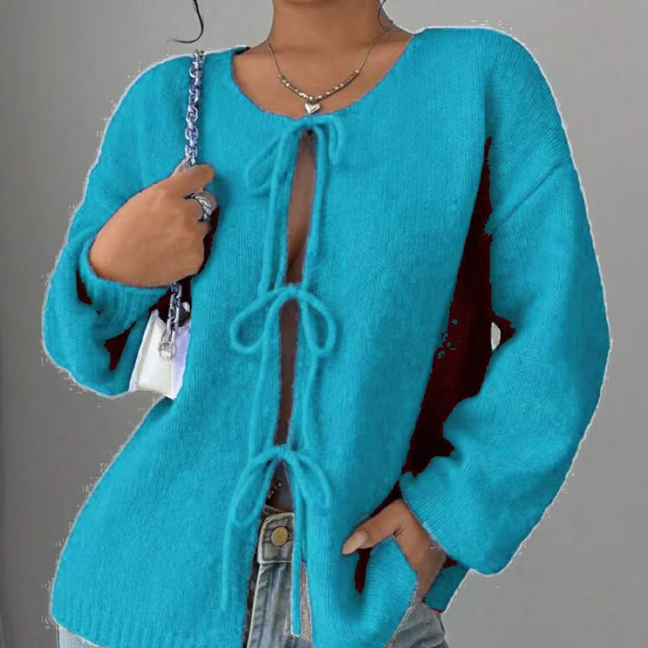 Damska - Sweter oversizowy - Dzianina z sznurowaniem - Modny i wygodny sweter na każdą okazję