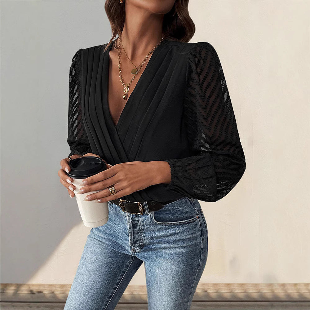 Damska - Eleganckie body z głębokim dekoltem - Szpic i obszernymi rękawami - Idealne na wyjątkowe okazje