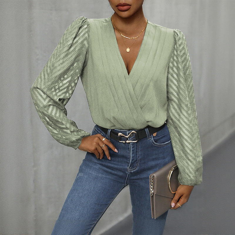 Damska - Eleganckie body z głębokim dekoltem - Szpic i obszernymi rękawami - Idealne na wyjątkowe okazje