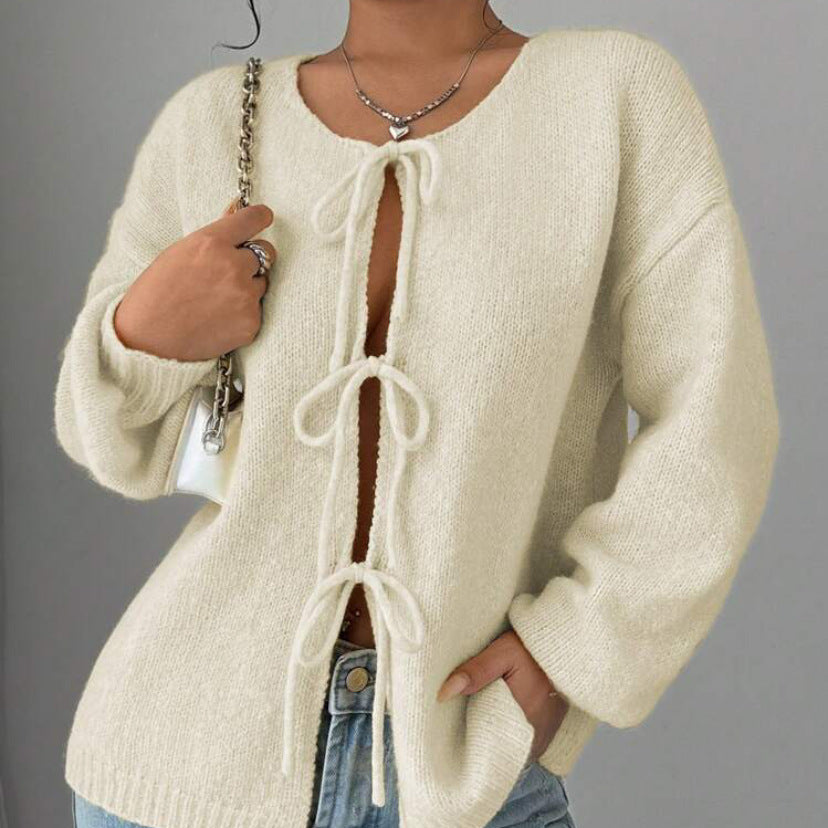 Damska - Sweter oversizowy - Dzianina z sznurowaniem - Modny i wygodny sweter na każdą okazję