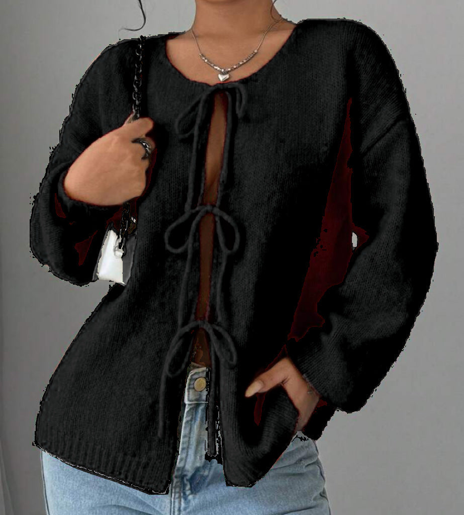 Damska - Sweter oversizowy - Dzianina z sznurowaniem - Modny i wygodny sweter na każdą okazję