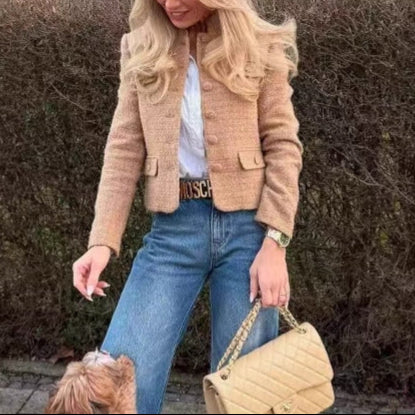 Damska - Marynarka tweedowa - Eleganckimi guzikami - Modny wybór na każdą okazję