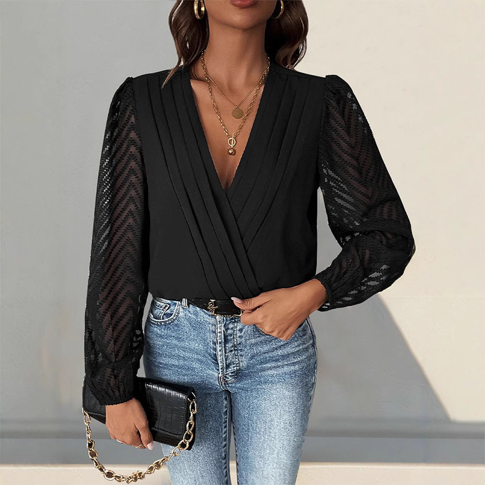 Damska - Eleganckie body z głębokim dekoltem - Szpic i obszernymi rękawami - Idealne na wyjątkowe okazje