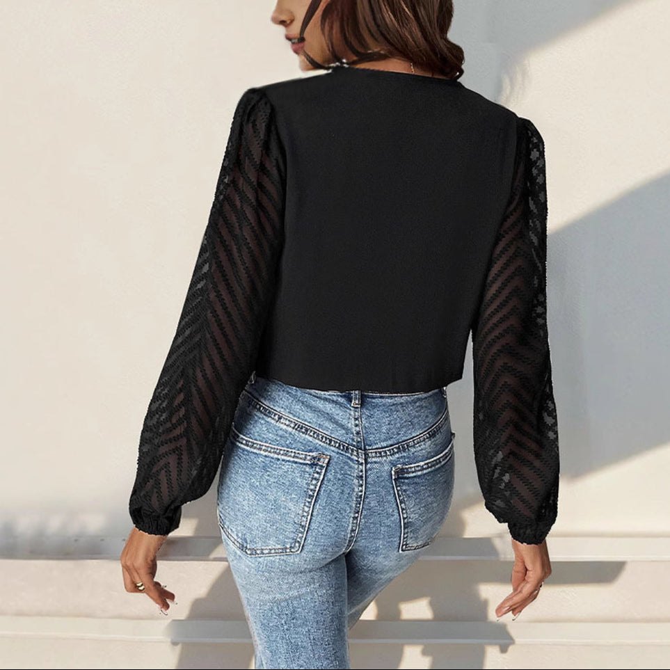 Damska - Eleganckie body z głębokim dekoltem - Szpic i obszernymi rękawami - Idealne na wyjątkowe okazje