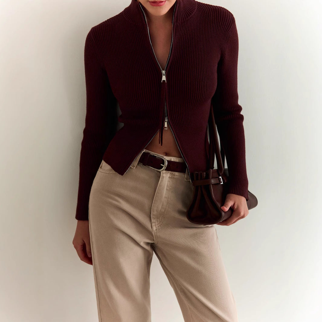 Damska - Sweter - Wysoki kołnierz i zamek błyskawiczny - Stylowy i wygodny - Idealny na chłodne dni