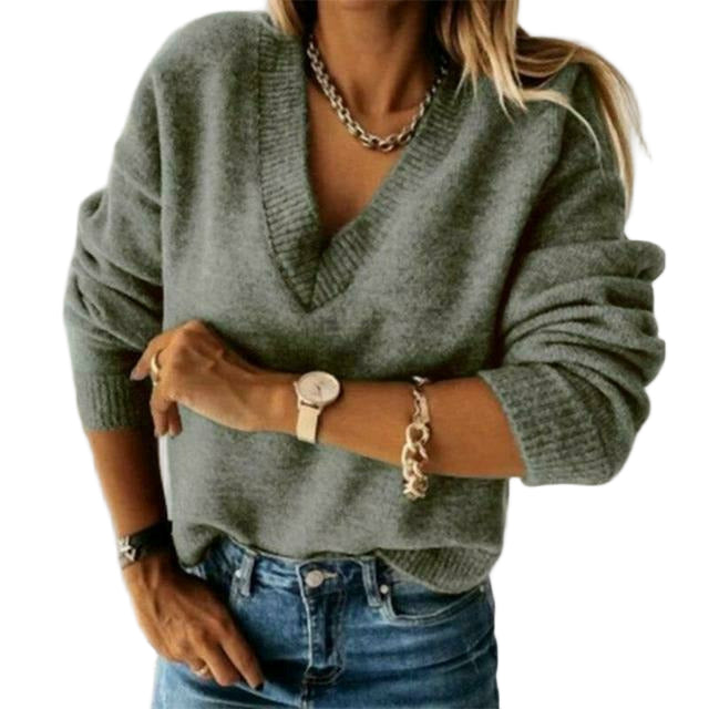 Damska - Luźny sweter - Dekolt w szpic - Modny i komfortowy - Idealny na chłodniejsze dni