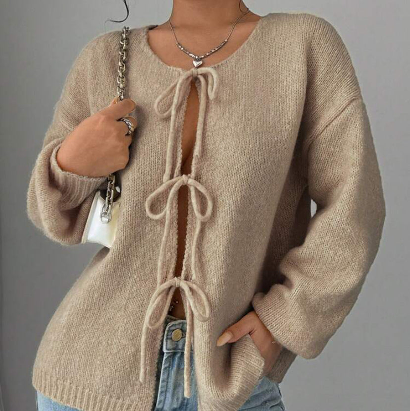 Damska - Sweter oversizowy - Dzianina z sznurowaniem - Modny i wygodny sweter na każdą okazję