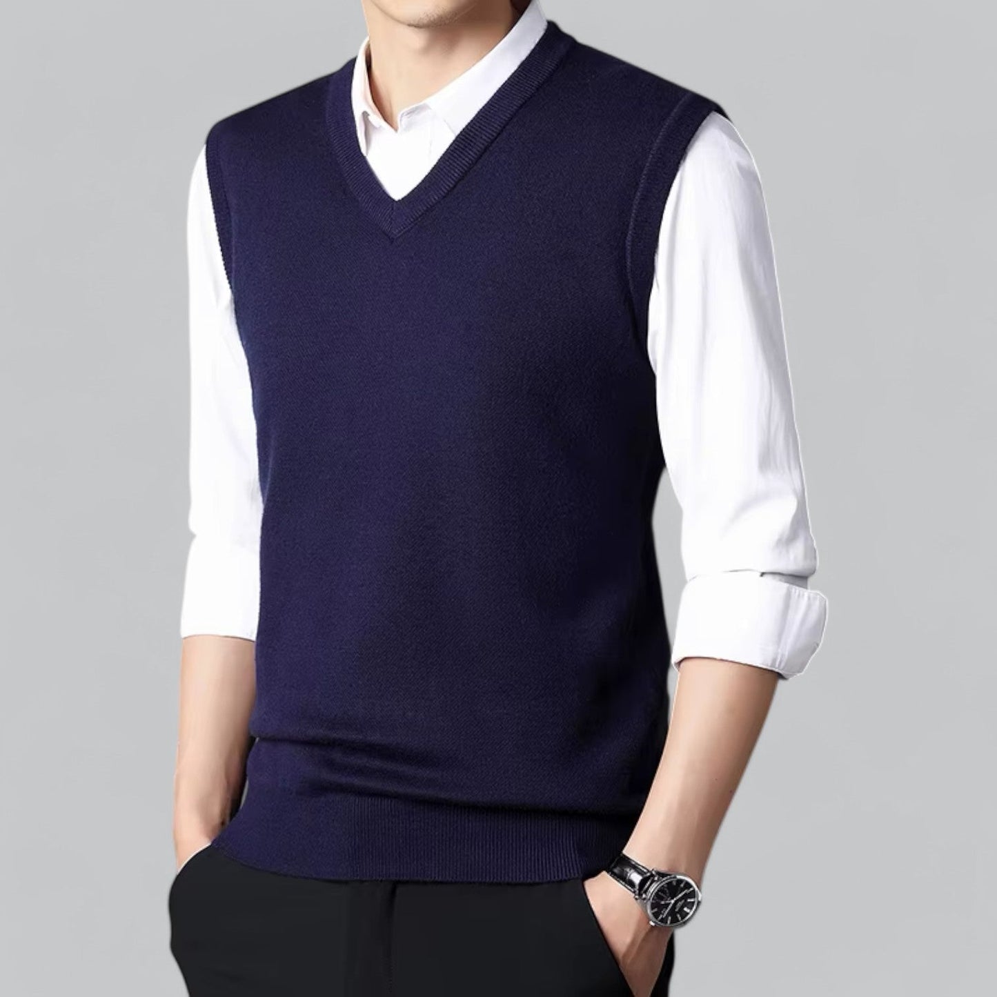 Męska - Klasyczny kardigan bez rękawów - Dekoltem w szpic - Miękki materiał - Stylowa warstwa wierzchnia