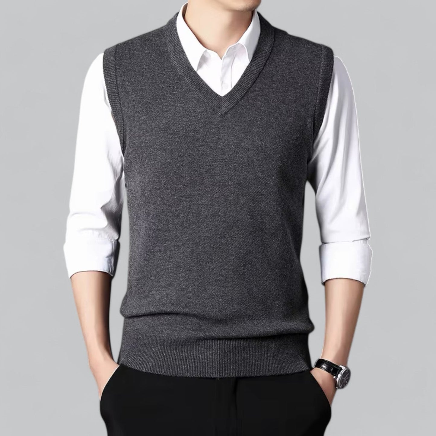 Męska - Klasyczny kardigan bez rękawów - Dekoltem w szpic - Miękki materiał - Stylowa warstwa wierzchnia