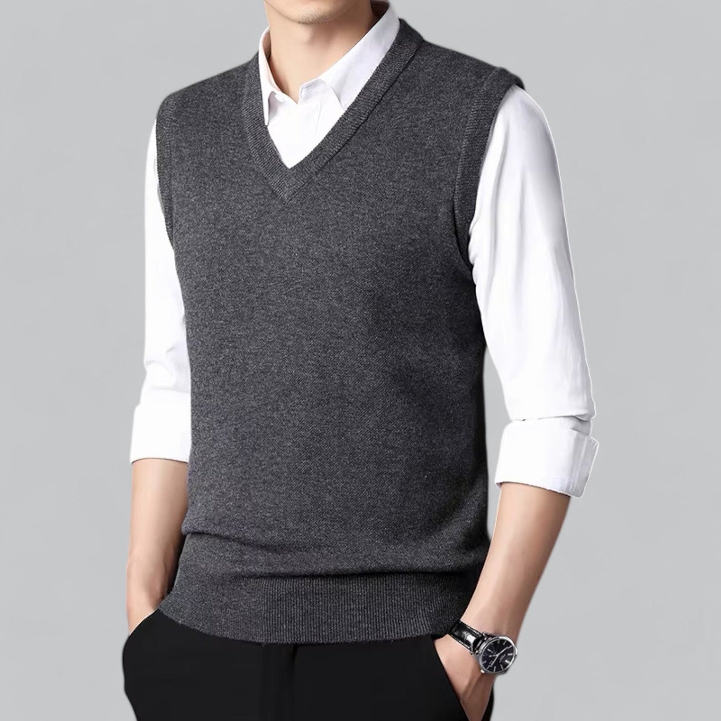 Męska - Klasyczny kardigan bez rękawów - Dekoltem w szpic - Miękki materiał - Stylowa warstwa wierzchnia