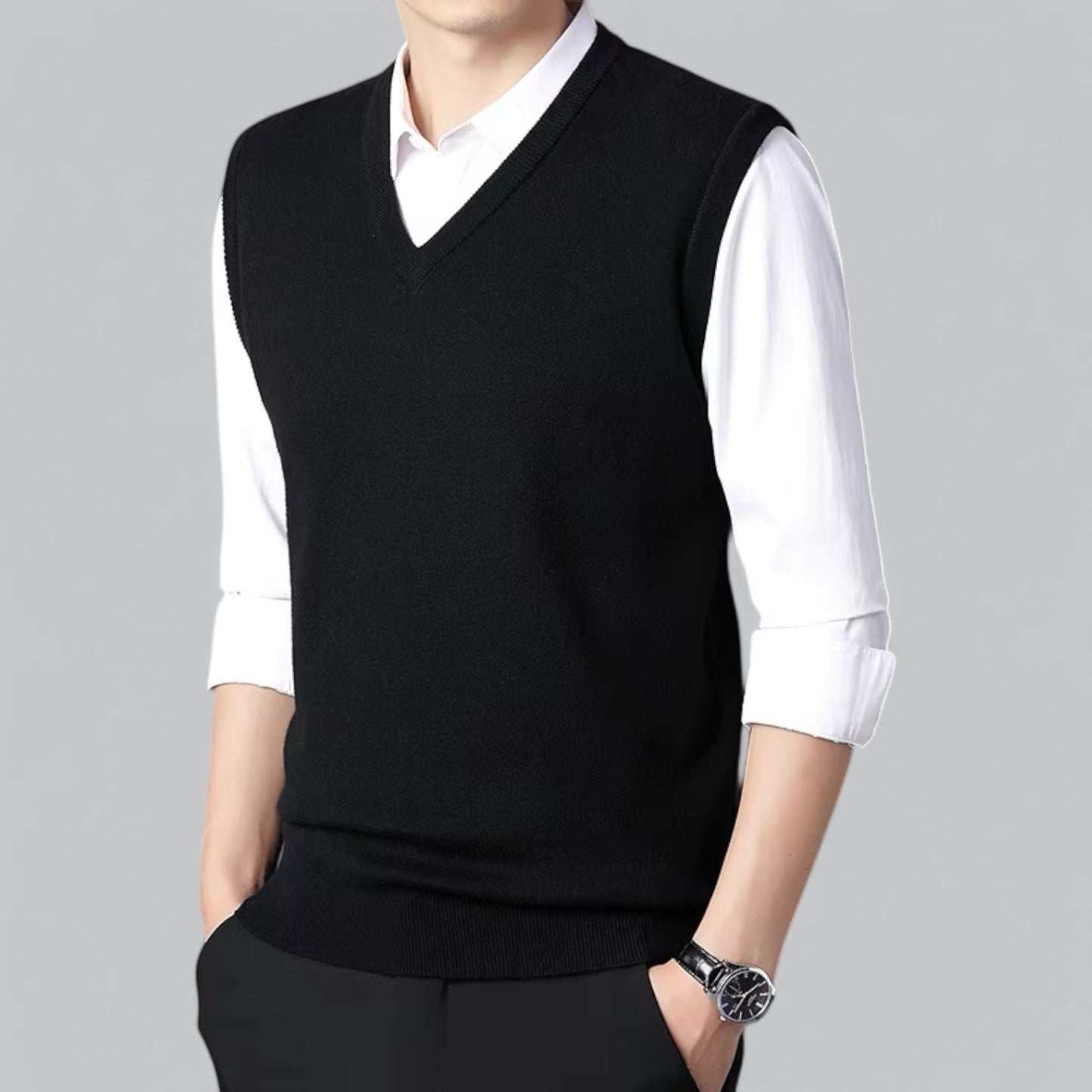 Męska - Klasyczny kardigan bez rękawów - Dekoltem w szpic - Miękki materiał - Stylowa warstwa wierzchnia