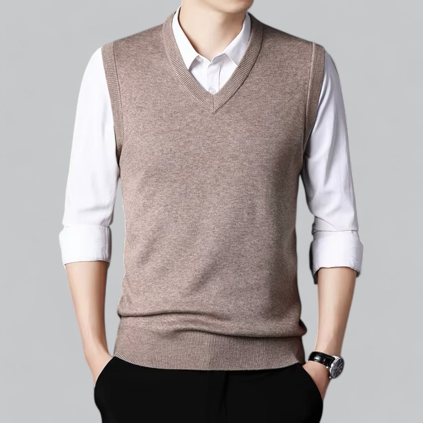 Męska - Klasyczny kardigan bez rękawów - Dekoltem w szpic - Miękki materiał - Stylowa warstwa wierzchnia