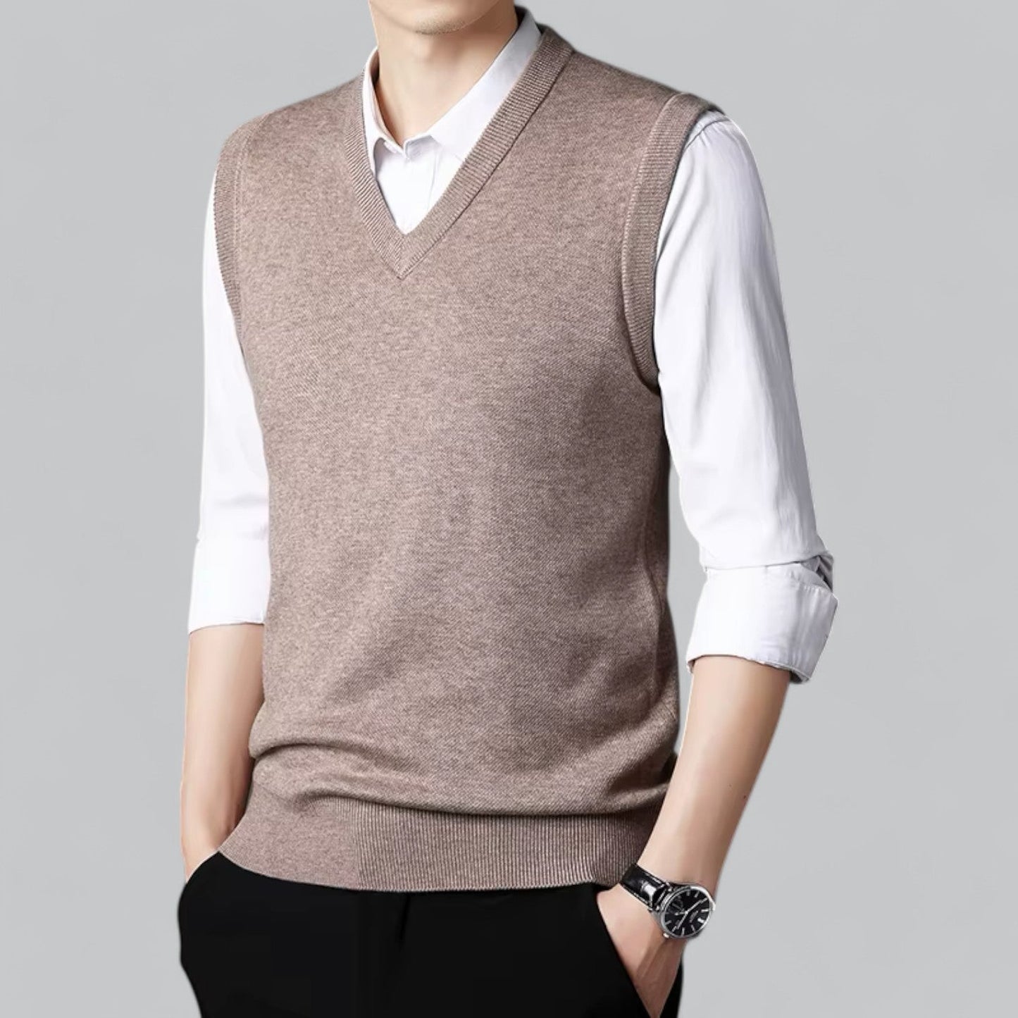 Męska - Klasyczny kardigan bez rękawów - Dekoltem w szpic - Miękki materiał - Stylowa warstwa wierzchnia