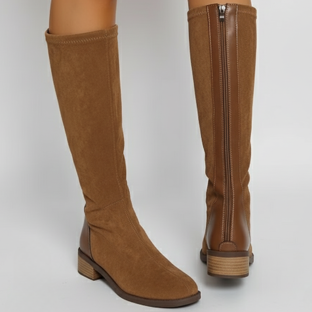 Damska - Buty za kolano - Zamszowe - Dzianinowy top w prążki