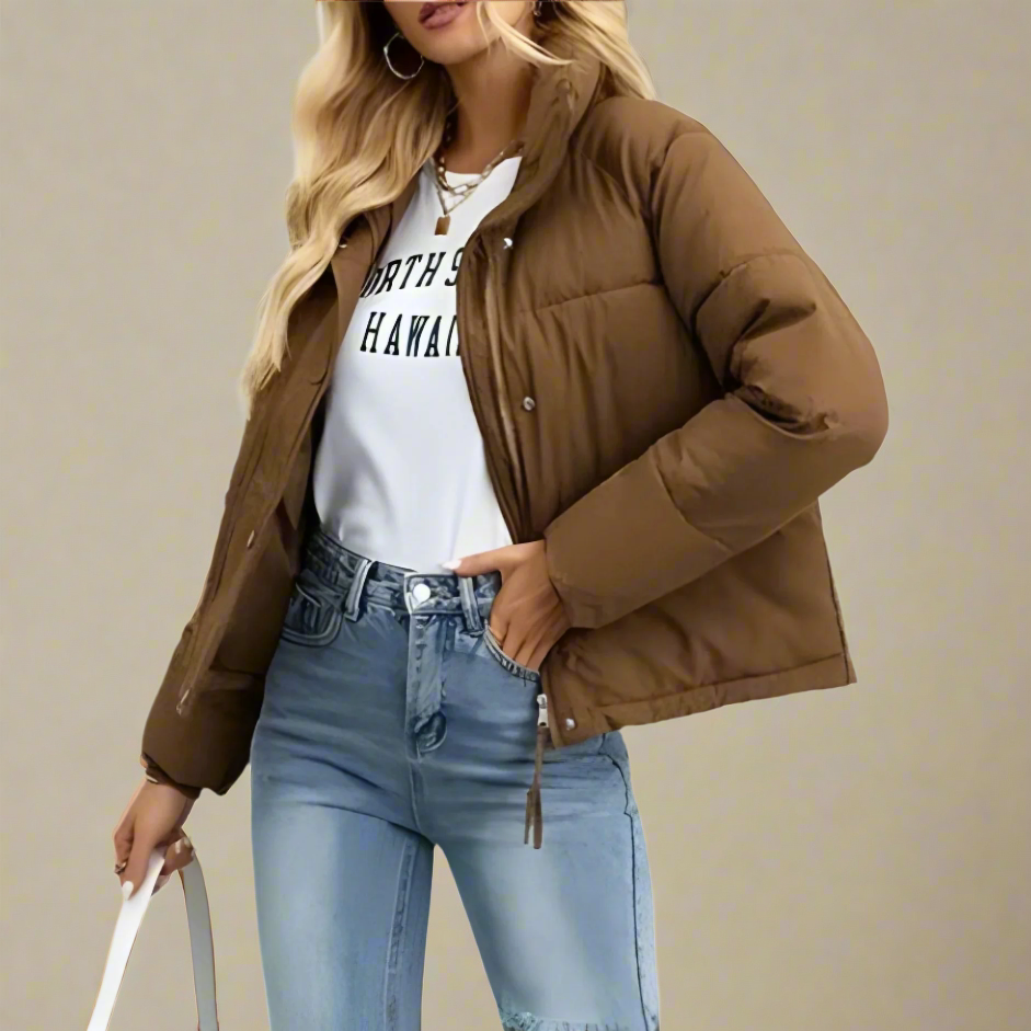 Damska - Kurtka puchowa - Ciepły materiał - Wysoki kołnierz i zamek błyskawiczny - Idealna na zimę