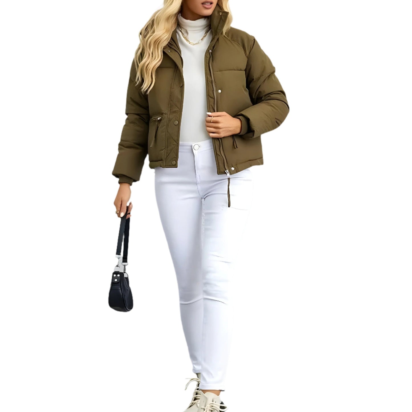 Damska - Kurtka puchowa - Ciepły materiał - Wysoki kołnierz i zamek błyskawiczny - Idealna na zimę