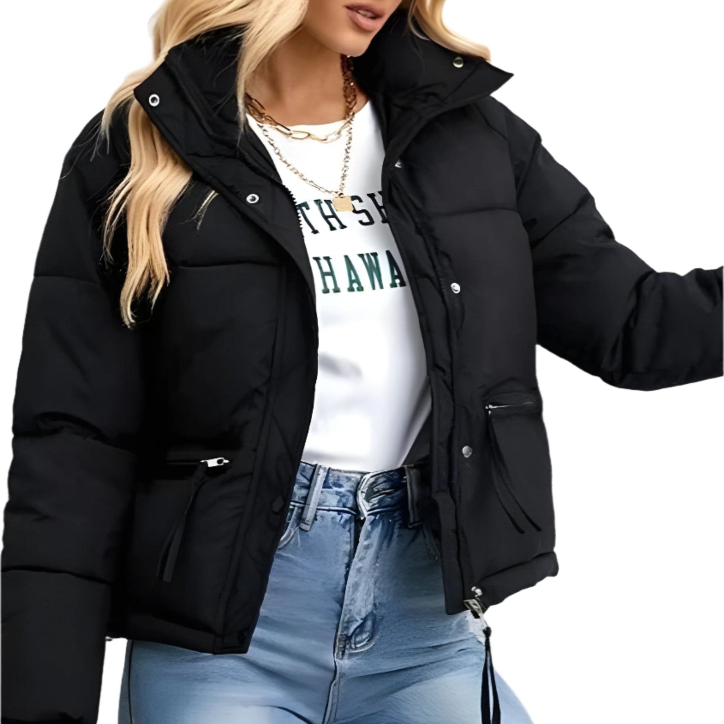 Damska - Kurtka puchowa - Ciepły materiał - Wysoki kołnierz i zamek błyskawiczny - Idealna na zimę