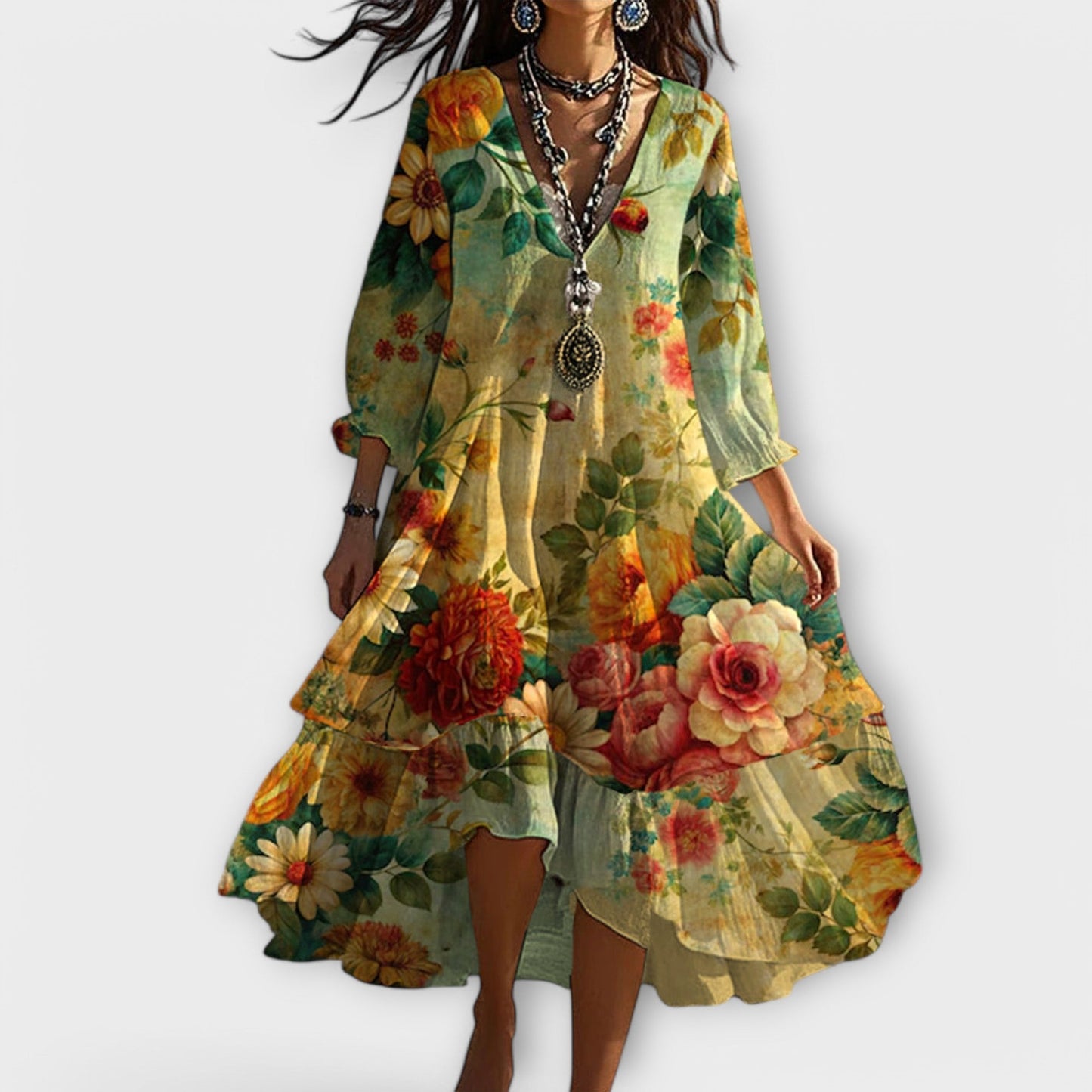 Damska - Sukienka Boho w Kwiaty - Mieszanki bawełny - Lekka, Swobodna Stylizacja - Idealna na Lato