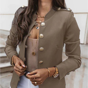 Damska - Kurtka z zapięciem na guziki - Ozdobne guziki - Stójka - Swobodny styl